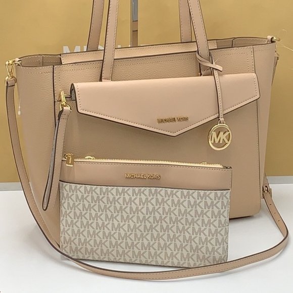 Michael Kors Maisie Large Pebbled Leather 3-in-1 Tote Bag Buff Signature Multi - Picture 13 of 16